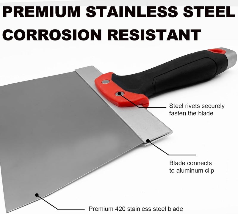 YLTOLOO 5 Pack Drywall Knife Set, Includes 8” & 12” Taping Knives, 4" & 6" Putty Knives and 3” Multifunctional Paint Scraper, Perfect Hand Tools for Drywall Joint Taping, Finishing and Patching - Image 3